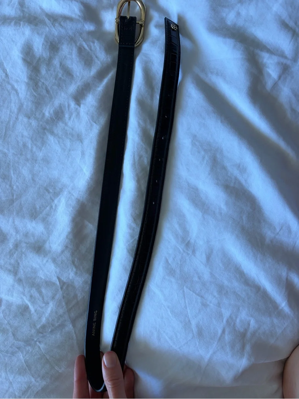 Anine Bing Mara Belt Black Croc-Embossed Leather Belt with Gold Oval Buckle